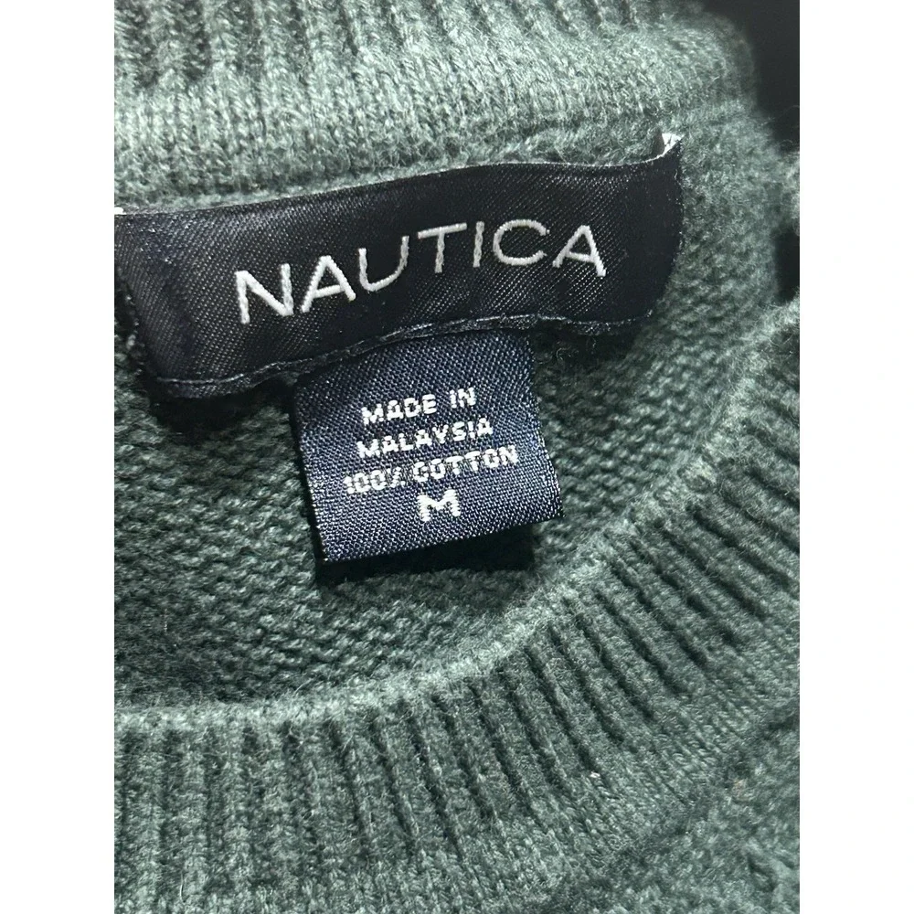 Nautica Men Medium Green Striped Crewneck Sweater Cotton J-Class Preppy Pullover